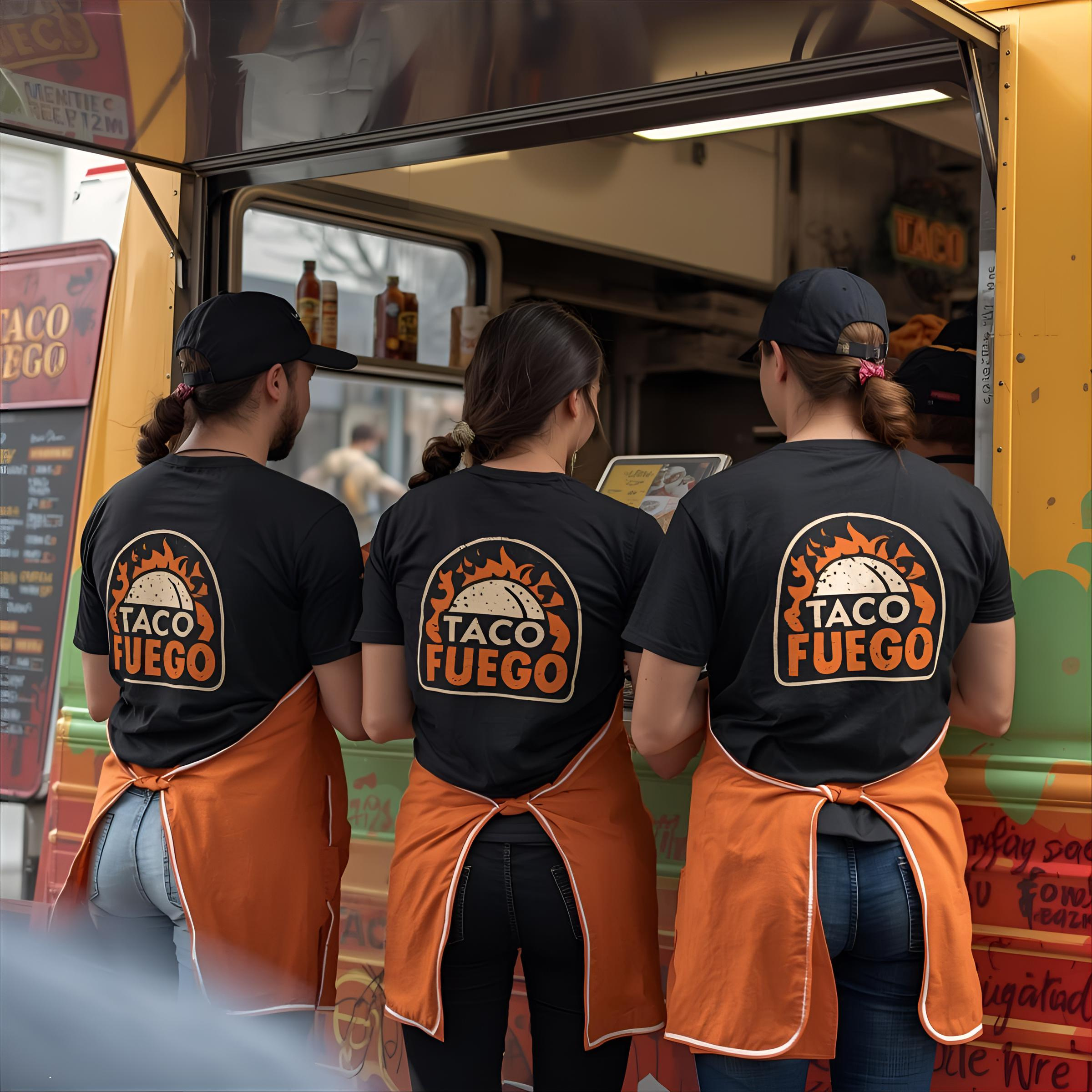 Taco Fuego food truck staff in custom printed uniforms
