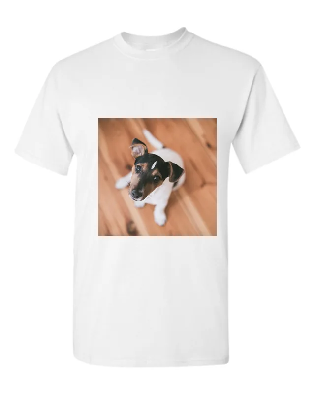 A photo of a Jack Russell printed as it is on a white t-shirt