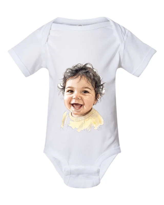 Watercolour portrait of a smiling baby printed on a white onesie, made from the photo shown in the corner