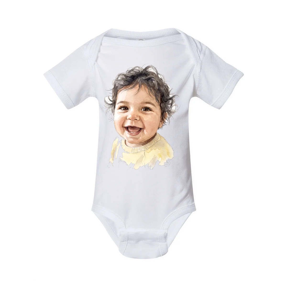 Watercolour portrait of a smiling baby printed on a white bodysuit