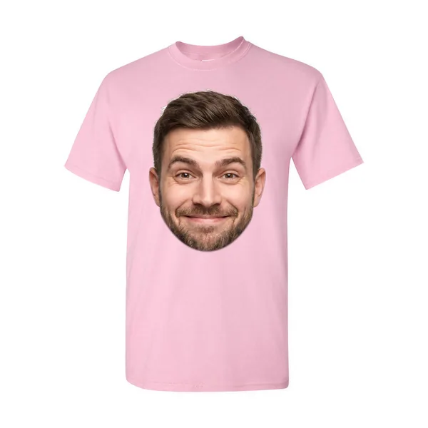 Custom face shirt: a grinning man’s face cut out from a photo and printed big on a light pink t-shirt