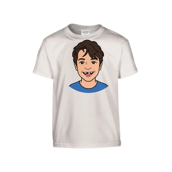 Custom kids t-shirt with picture: a cartoon portrait of a smiling boy on a white youth tee