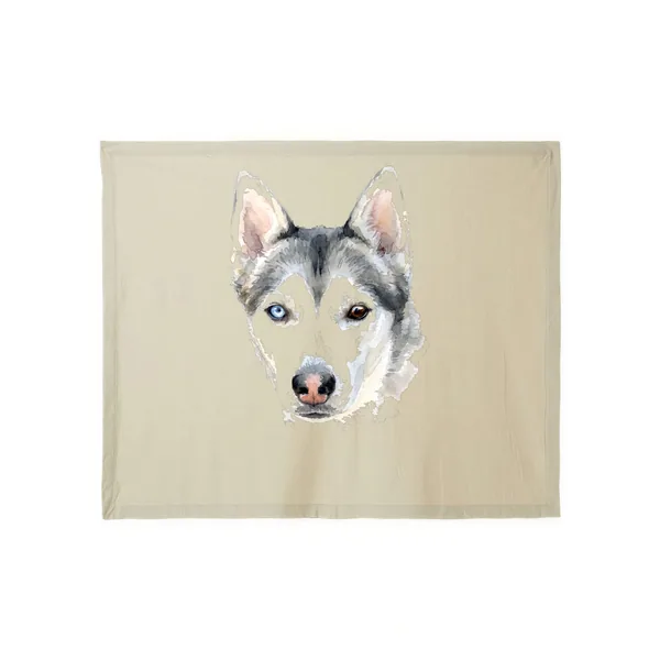 Custom pet portrait blanket: a watercolour portrait of a husky printed on a sand fleece blanket