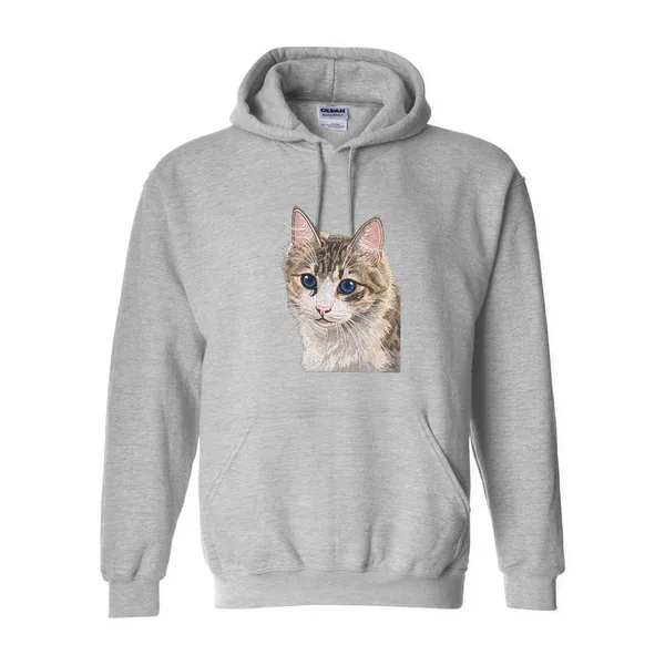 Custom pet portrait hoodie: a stitched-look portrait of a tabby cat on a sport grey hoodie