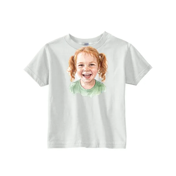 Custom toddler t-shirt with photo: a watercolour portrait of a smiling toddler girl on a white tee