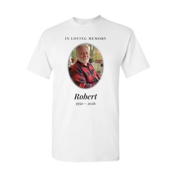Memorial t-shirt with photo: an oval photo of an older man with In Loving Memory, his name and the years on a white tee