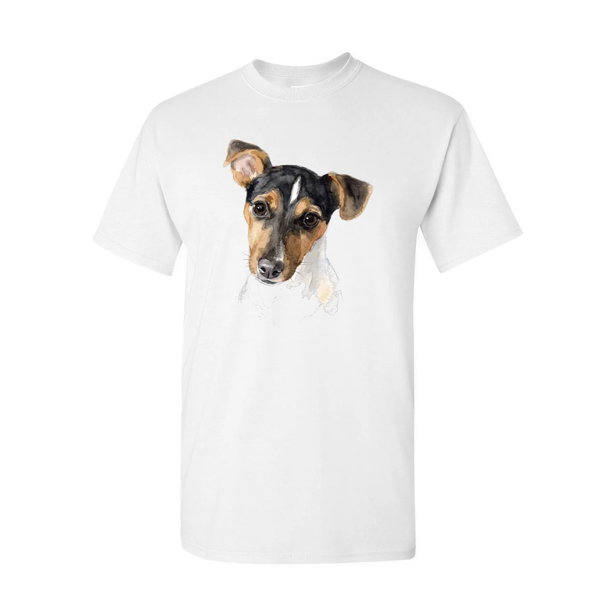 Watercolour portrait of a Jack Russell printed on a white t-shirt