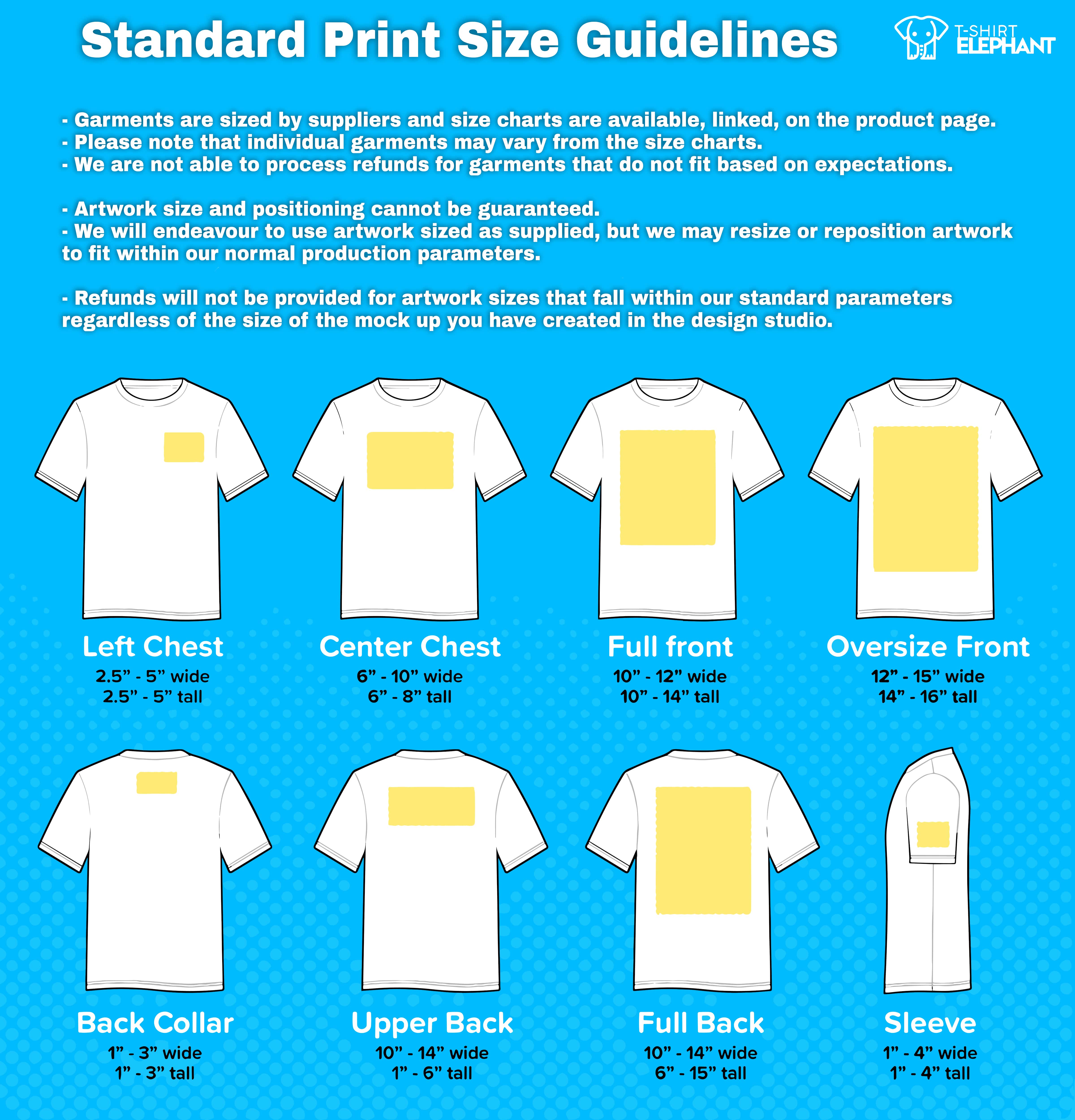 Standard Print Size Guidelines - showing all print locations on t-shirts