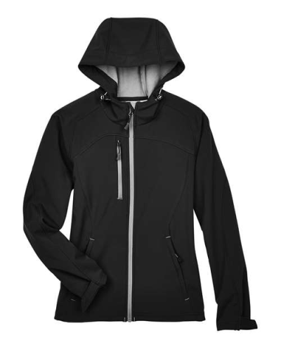 North End 78166 Women's Prospect Two-Layer Fleece Bonded Soft Shell Hooded Jacket in Black - Custom Printing Available