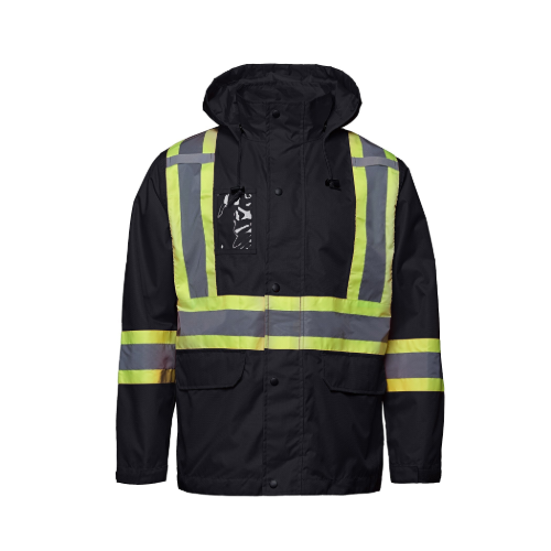 Custom CSW L01205 STORM - Full Length HI-VIZ Raincoat with Detachable Hood - Black | Canada Sportswear L01205 | Screen Printing & Embroidery Canada