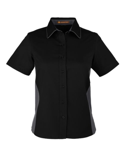Harriton M586W Women's Flash IL Colorblock Shirt in Black/ Dark Charcoal - Custom Printing Available