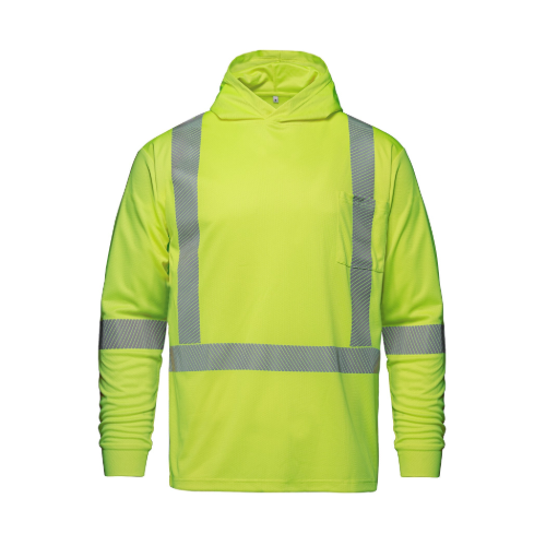 Custom CSW S05985 GLOW - Long Sleeve Hi-VIS Hooded T-Shirt with Segmented Stripes - Fluorescent Yellow | Canada Sportswear S05985 | Screen Printing & Embroidery Canada
