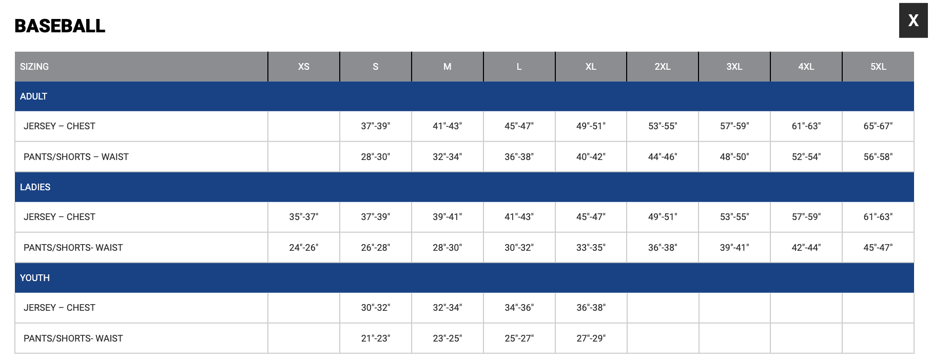 Size chart