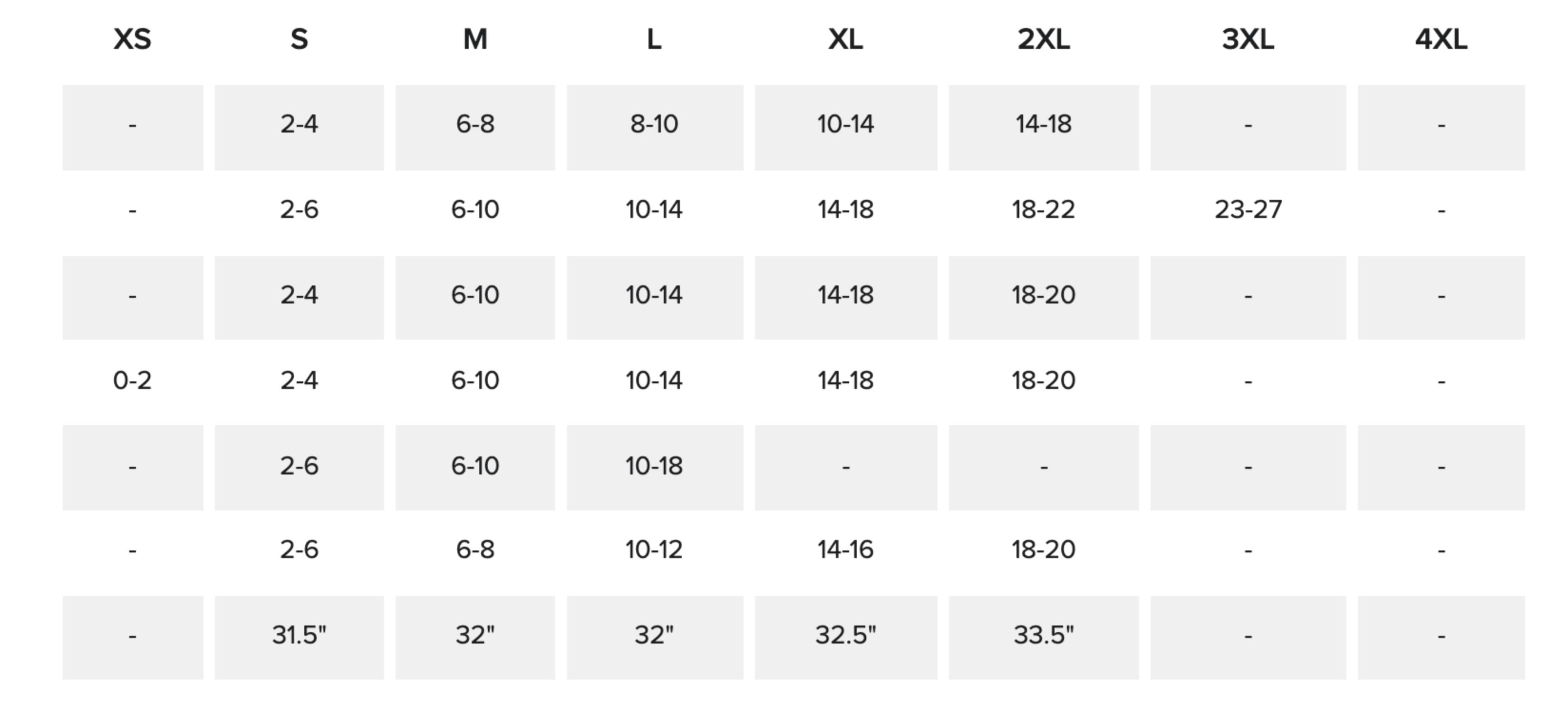 Size chart